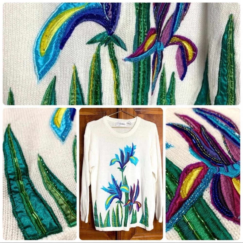 Vintage Cedars Beaded + Embroidered Floral Knitted Sweater- M